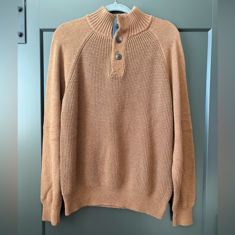 Weatherproof Vintage Men’s Large Cotton Waffle Knit Henley Mock Neck Sweater Tan